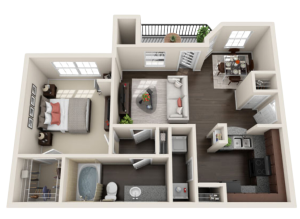 a 3d rendering of a two bedroom apartment at The  Pines on Spring Rain