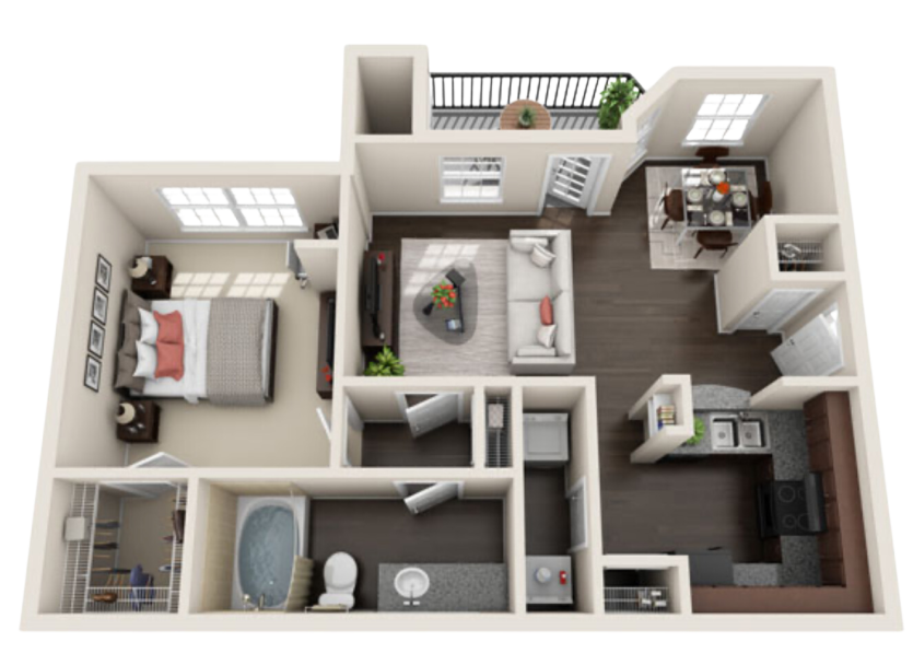 a 3d rendering of a two bedroom apartment at The  Pines on Spring Rain