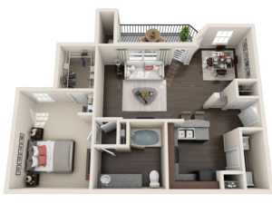 a 3d rendering of a two bedroom apartment at The  Pines on Spring Rain