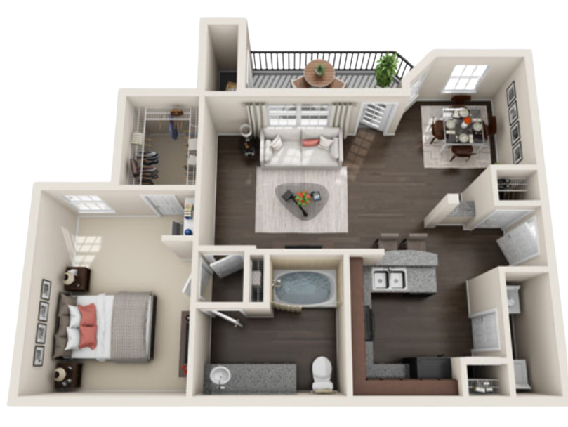 a 3d rendering of a two bedroom apartment at The  Pines on Spring Rain