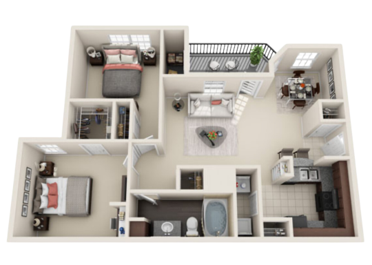 a 3d rendering of a two bedroom apartment at The  Pines on Spring Rain