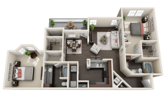 a floor plan of a two bedroom apartment at The  Pines on Spring Rain