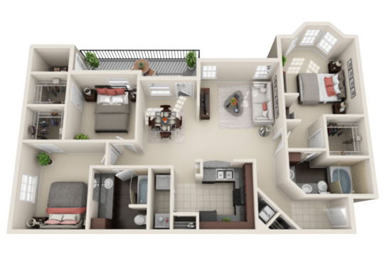 a 3d rendering of a two bedroom apartment at The  Pines on Spring Rain